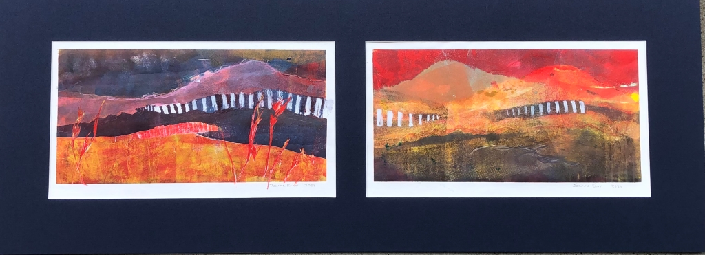 'Along the Fence Line'  Monoprint diptych by Joanne Kerr